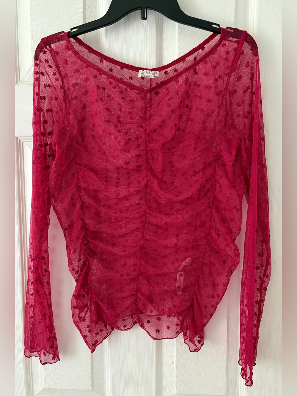 Free People Sheer Ruched Long-Sleeve Top in Fuchsia Pink